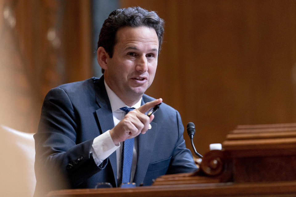 FILE - Sen. Brian Schatz, D-Hawaii, speaks during a Senate Appropriations Subcommittee on Commerce, Justice, Science, and Related Agencies hearing on Capitol Hill in Washington, Tuesday, Feb. 1, 2022. Schatz is seeking reelection in the Nov. 8, 2022 election. (AP Photo/Andrew Harnik, Pool, File)