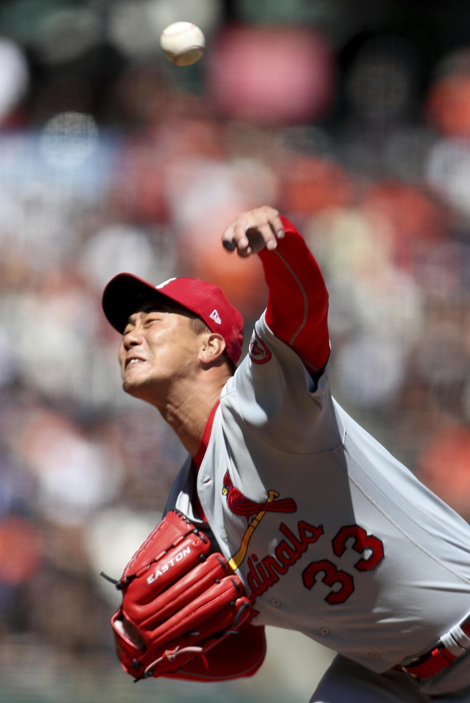 St. Louis Cardinals' Kwang Hyun Kim throws against the San Francisco Giants during the first inning of a baseball game in San Francisco, Monday, July 5, 2021. (AP Photo/Jed Jacobsohn)