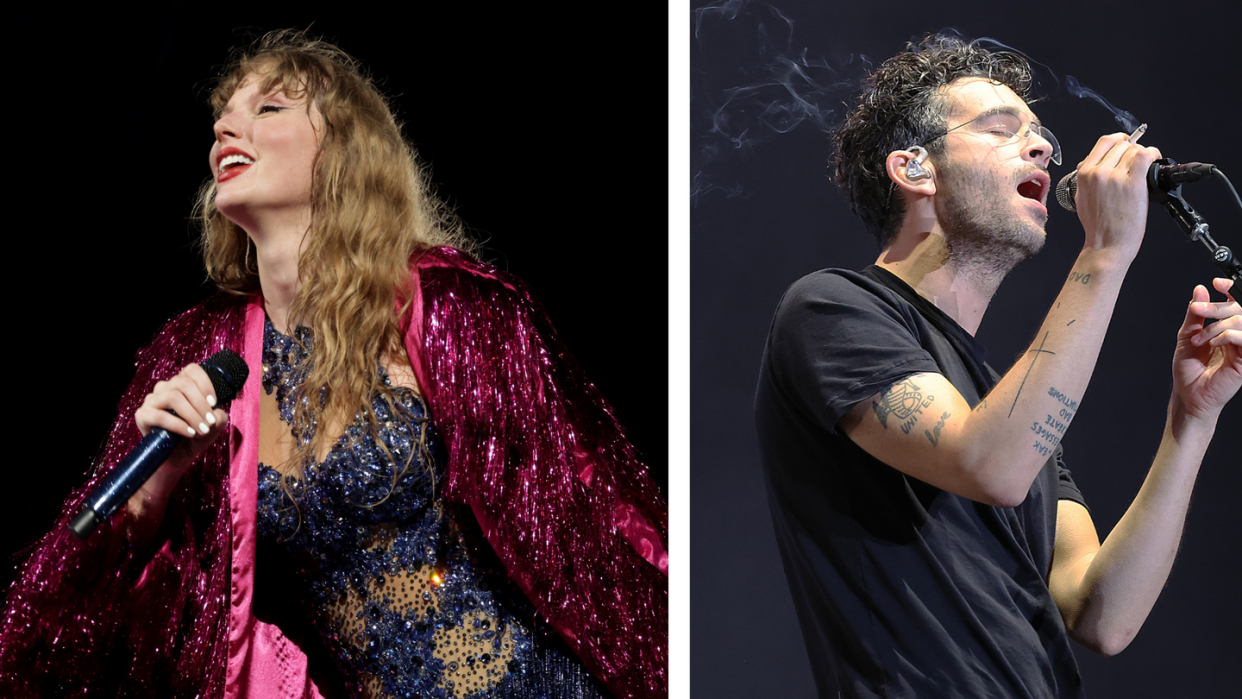 taylor swift and matty healy both singing into microphones at different concerts