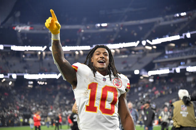 Kansas City Chiefs running back Isiah Pacheco celebrates with fans after a  win against the Jacksonville Jaguars during an NFL Divisional Playoff  football game Saturday, Jan. 21, 2023, in Kansas City, Mo. (