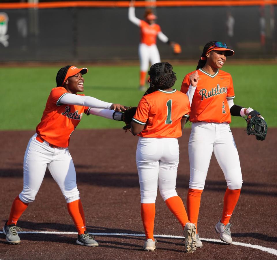 Florida A&M Rattlers players celebrate a play during a home game against the Texas Tech Raiders on Friday, February 9, 2024. It was FAMU's first time hosting an opening day game since 2015.