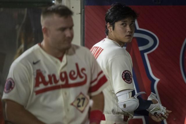 Shohei Ohtani of the Los Angeles Angels looks on from the dugout