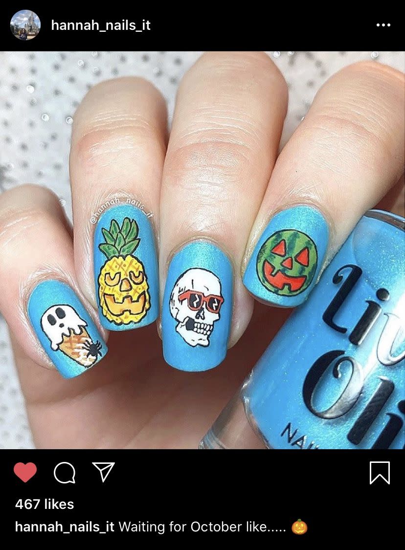 <p>Tired of traditional Halloween colors? Get inspired by <a href="https://www.instagram.com/hannah_nails_it/" rel="nofollow noopener" target="_blank" data-ylk="slk:manicure artist @hannah_nails_it;elm:context_link;itc:0;sec:content-canvas" class="link ">manicure artist @hannah_nails_it</a> who painted this colorful, pop-art look that still feels on theme.</p><p><a class="link " href="https://go.redirectingat.com?id=74968X1596630&url=https%3A%2F%2Fwww.etsy.com%2Flisting%2F974809201%2Fpastel-smiley-faces-good-vibes-nails&sref=https%3A%2F%2Fwww.oprahdaily.com%2Fbeauty%2Fskin-makeup%2Fg33239588%2Fhalloween-nail-ideas%2F" rel="nofollow noopener" target="_blank" data-ylk="slk:SHOP PRESS ONS;elm:context_link;itc:0;sec:content-canvas">SHOP PRESS ONS</a></p>