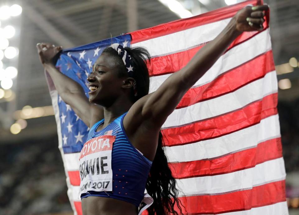 United States’ Tori Bowie celebrates after winning the gold medal in the Women’s 100m final during the World Athletics Championships in London Sunday, Aug. 6, 2017.