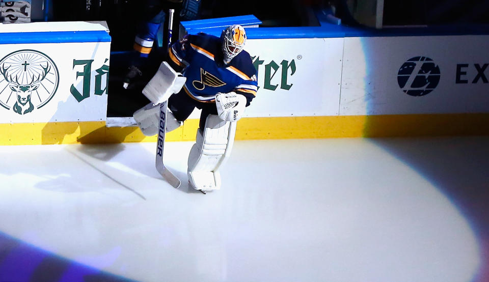 EDMONTON, ALBERTA - AUGUST 19: Jake Allen #34 of the St. Louis Blues leads his team out to face the Vancouver Canucks in Game Five of the Western Conference First Round during the 2020 NHL Stanley Cup Playoffs at Rogers Place on August 19, 2020 in Edmonton, Alberta, Canada. (Photo by Jeff Vinnick/Getty Images)