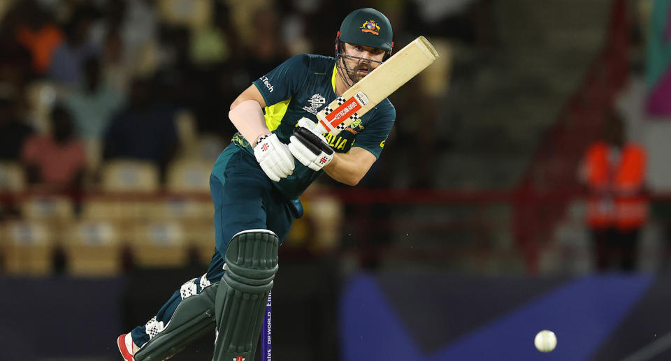 Seen here, Travis Head batting for Australia against Scotland at the T20 Cricket World Cup.