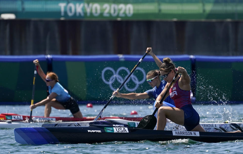 Nevin Harrison of the United States competes in the women's canoe single 200m heat at the 2020 Summer Olympics, Wednesday, Aug. 4, 2021, in Tokyo, Japan. (AP Photo/Darron Cummings)