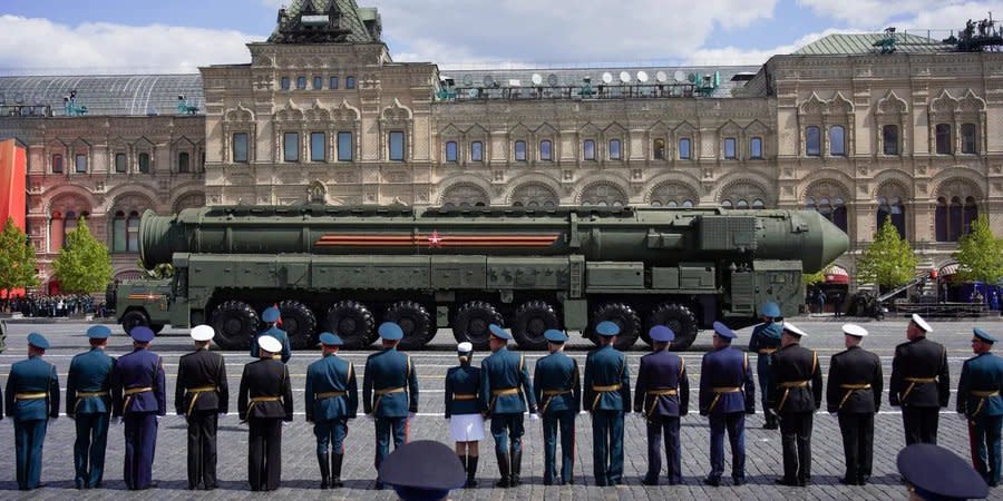 Russian intercontinental ballistic missile Yars during a parade in Moscow, May 9, 2023
