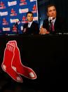 BOSTON, MA - OCTOBER 23: Executive Vice President and General Manager of the Boston Red Sox, Ben Cherington (L), introduces John Farrell as the new manager, the 46th manager in the club's 112-year history, on October 23, 2012 at Fenway Park in Boston, Massachusetts. (Photo by Jared Wickerham/Getty Images)