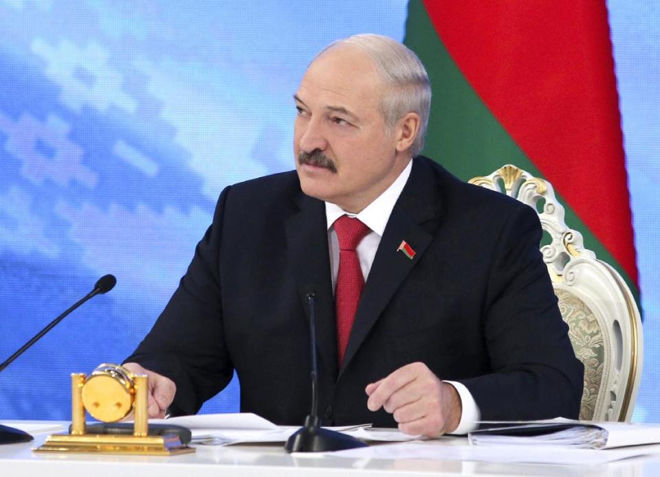 Belarus's President Alexander Lukashenko speaks during a briefing in Minsk, Belarus, Friday, Feb. 3, 2017. In a televised broadcast on Friday, Lukashenko asked the country's interior minister to press charges against Russia's top food safety official, alleging charges of "damaging the state" because Russia stopped the import of Belarusian products due to quality issues and suspicions that Belarus resells EU-made dairy products that are banned in Russia. The Kremlin responded to the outburst, listing the loans and reduced taxes Russia gave to Belarus. (Maxim Guchek/BelTA Pool Photo via AP)