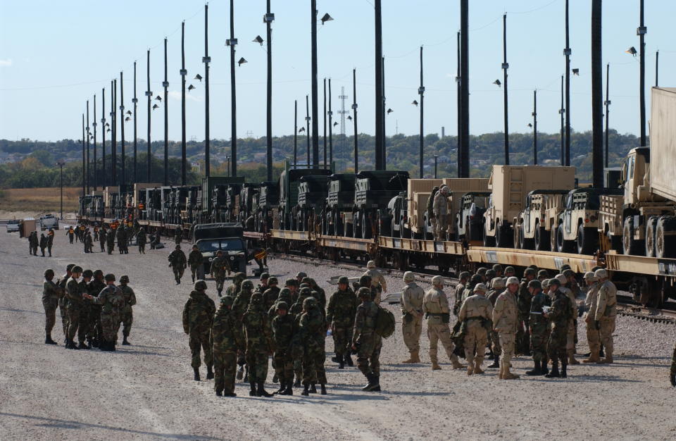 U.S. Army soldiers gather at Fort Hood to prepare for a troop deployment to Iraq in 2003.