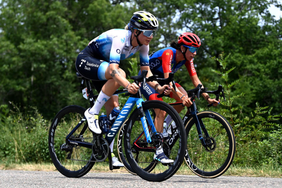 BLAGNAC FRANCE  JULY 28 LR Emma Norsgaard of Denmark and Movistar Team and Sandra Alonso of Spain and Team CERATIZITWNT Pro Cycling compete in the chase group during the 2nd Tour de France Femmes 2023 Stage 6 a 1221km stage from Albi to Blagnac  UCIWWT  on July 28 2023 in Blagnac France Photo by Tim de WaeleGetty Images