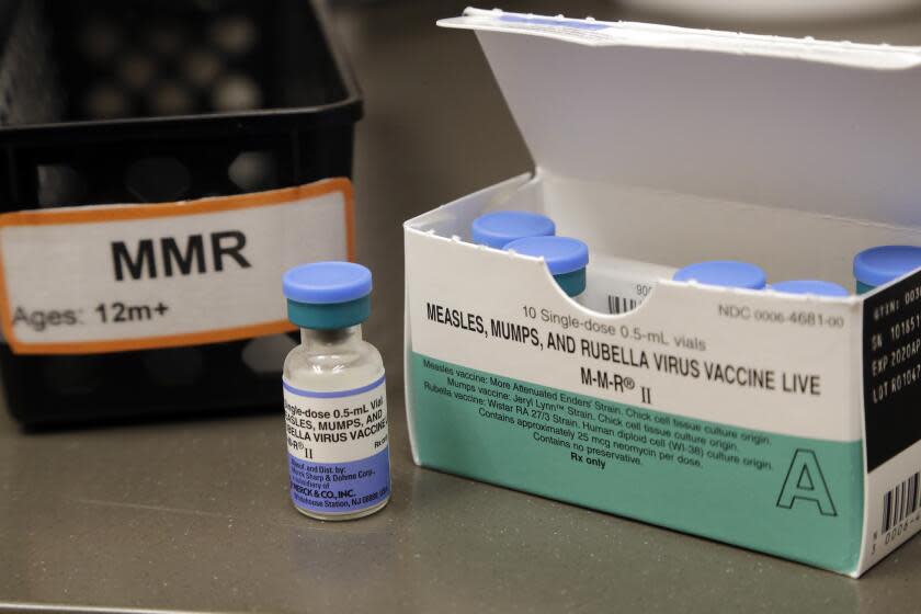 FILE - A dose of the measles, mumps and rubella vaccine is displayed at the Neighborcare Health clinics at Vashon Island High School in Vashon Island, Wash., on May 15, 2019. U.K. health officials are urging millions of parents to book their children in for missed measles, mumps and rubella shots amid a sharp increase in the number of measles cases and the lowest vaccination rates in a decade. The National Health Service is launching a publicity campaign after figures showed there have been 216 confirmed measles cases and 103 probable cases in parts of England since October. (AP Photo/Elaine Thompson, File)