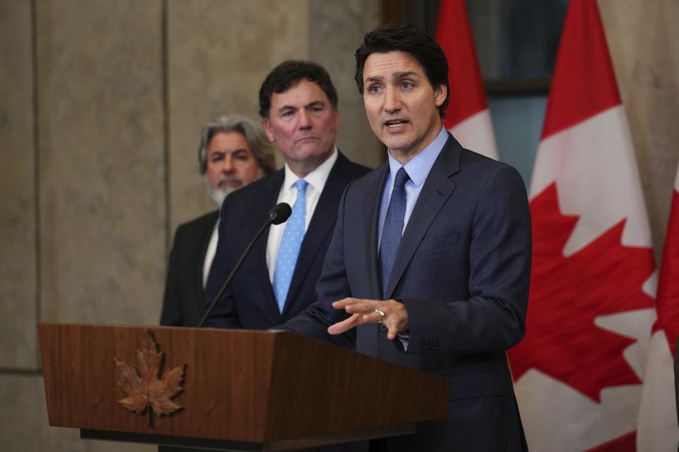 Canada's Prime Minister Justin Trudeau speaks during a news conference on Parliament Hill in Ottawa, Ontario, on Monday, March 6, 2023. Trudeau said he will appoint a special investigator to decide whether there should be a public inquiry into reports of Chinese interference in Canada's elections. (Sean Kilpatrick/The Canadian Press via AP)