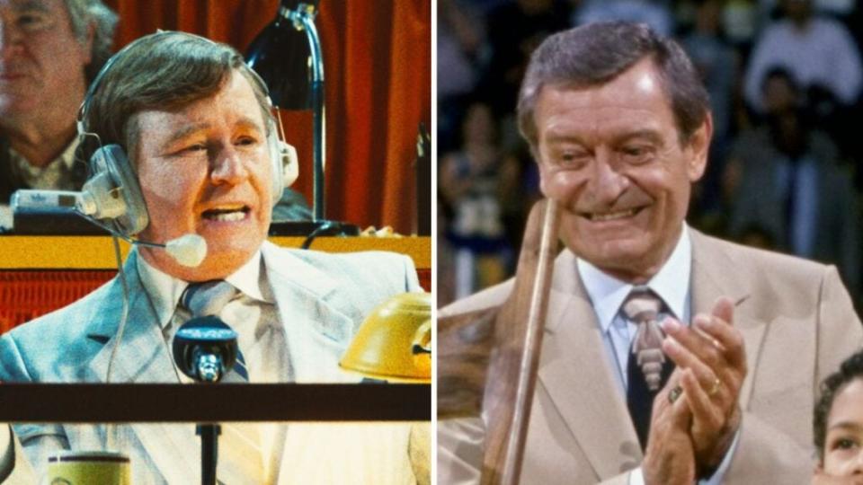Spencer Garrett as Chick Hearn, and the real Chick Hearn (Photo credit: HBO, Getty Images)