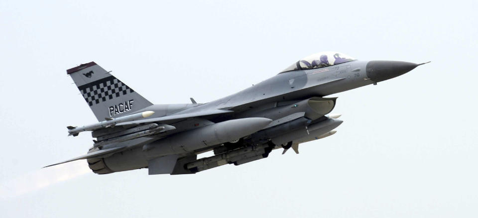 In this April 20, 2017, photo, a South Korean Air Forces' KF-16 fighter takes off at an air base in Gunsan, South Korea. South Korean air force jets fired 360 rounds of warning shots after a Russian military plane briefly violated South Korea's airspace twice on Tuesday, July 23, 2019, Seoul officials said, in the first such incident between the countries. (Kim Jun-beom/Newsis via AP)