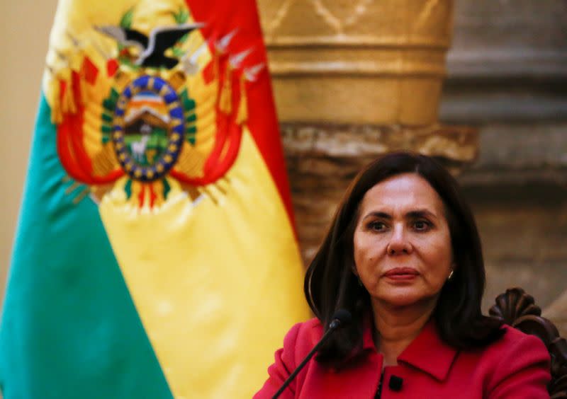 Bolivia's Foreign Minister Karen Longaric attends a news conference at the presidential palace in La Paz