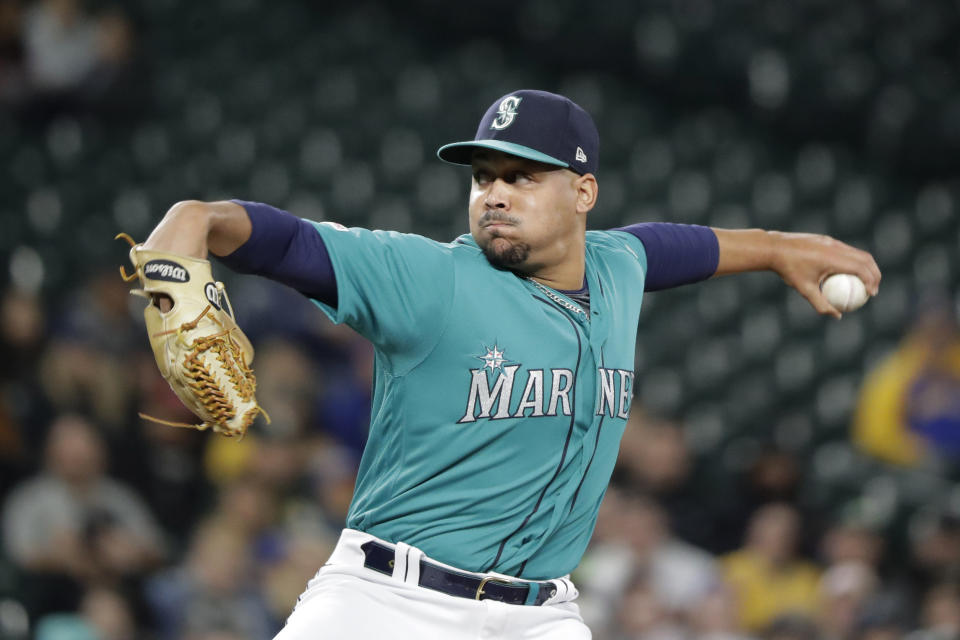 Seattle Mariners starting pitcher Justus Sheffield throws against the Oakland Athletics during the first inning of a baseball game, Friday, Sept. 27, 2019, in Seattle. (AP Photo/Ted S. Warren)