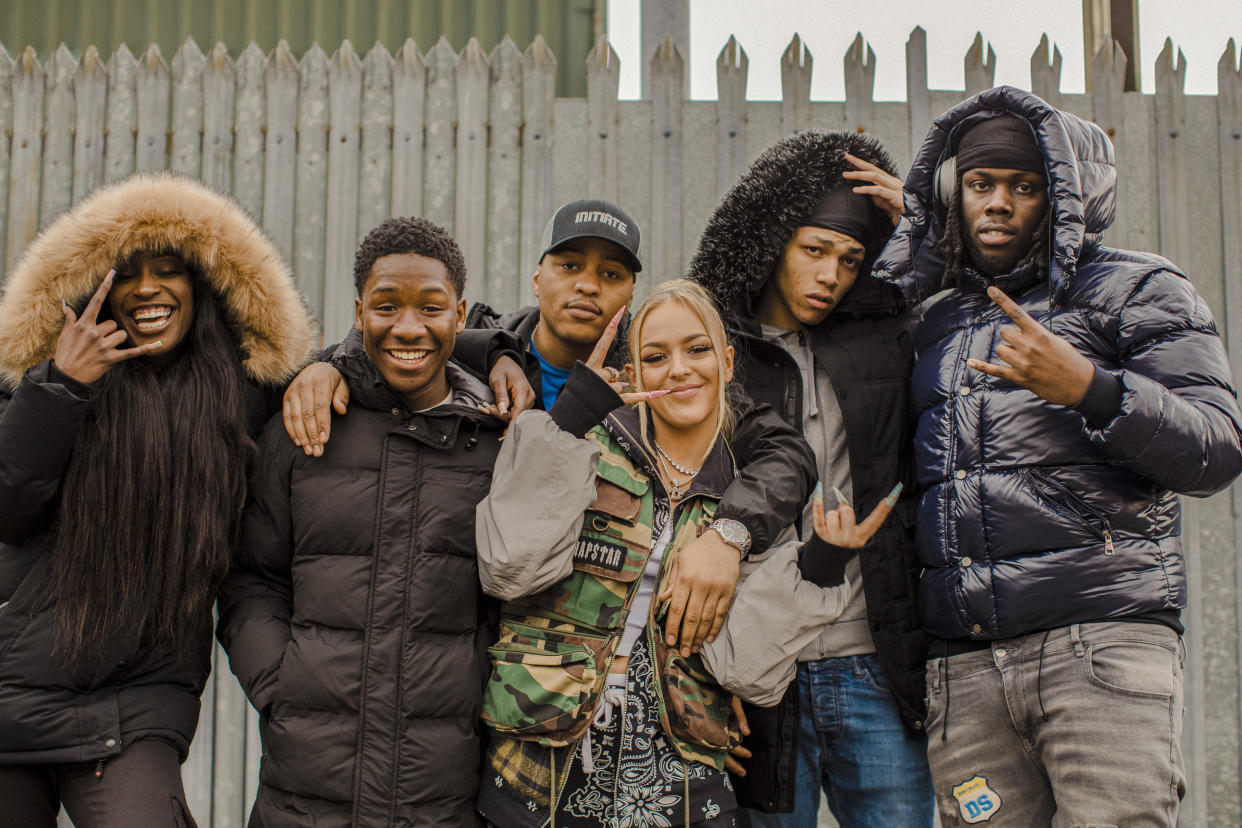 Rap Game UK contestant MCs, L-R Pocaa, Saidu, Oakzy B, BrynBP, Kaydizzy, Kay Rico. (BBC / Naked / Vicky Grout)