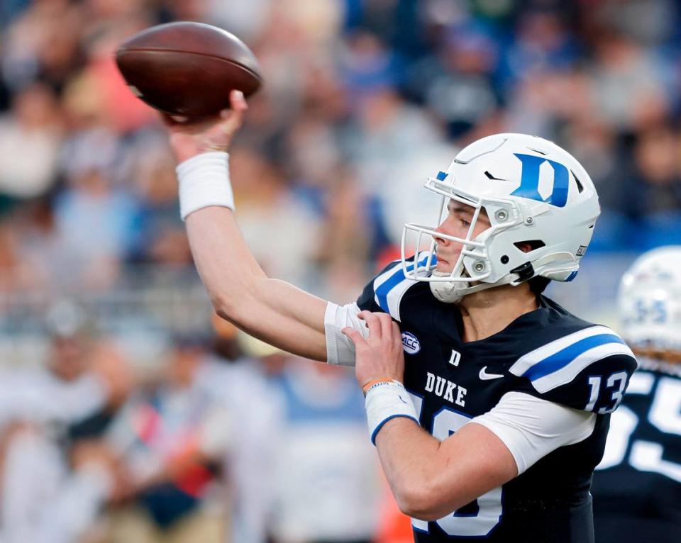 Duke’s Riley Leonard throws a pass during the first half of the Blue Devils’ final regular season game against Wake Forest at Wallace Wade Stadium on Saturday, Nov. 26, 2022, in Durham, N.C.