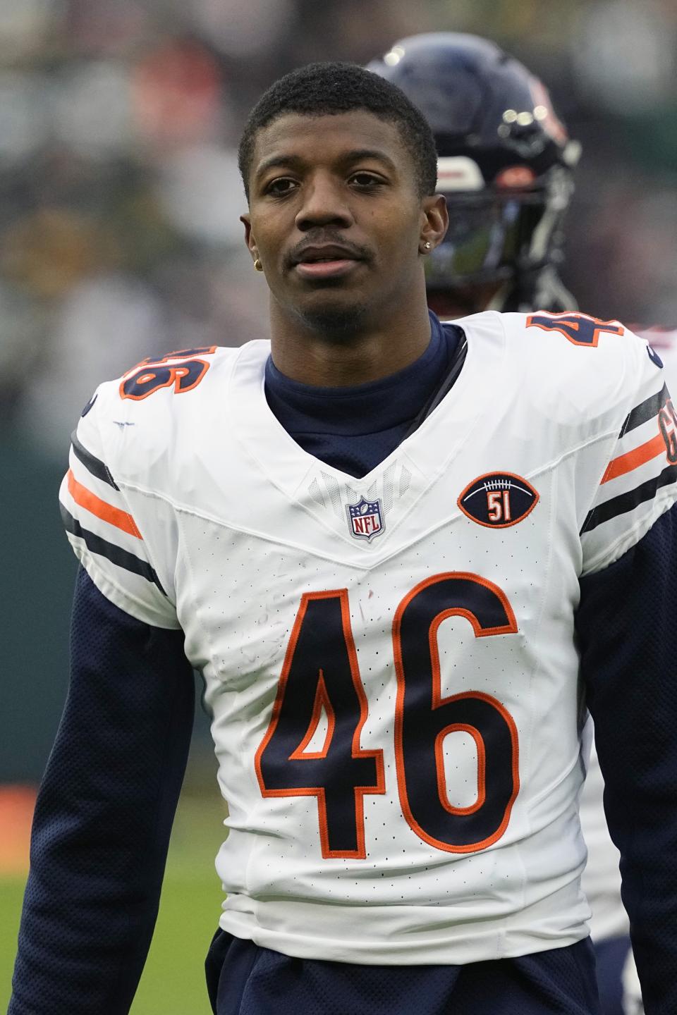 Jan 7, 2024; Green Bay, Wisconsin, USA; Chicago Bears cornerback Christian Matthew (46) during warmups prior to the game against the Green Bay Packers at Lambeau Field. Mandatory Credit: Jeff Hanisch-USA TODAY Sports