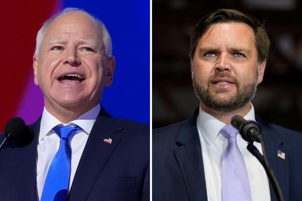 Tim Walz, left, and JD Vance, right, will debate onstage Tuesday night in New York City. (AP)