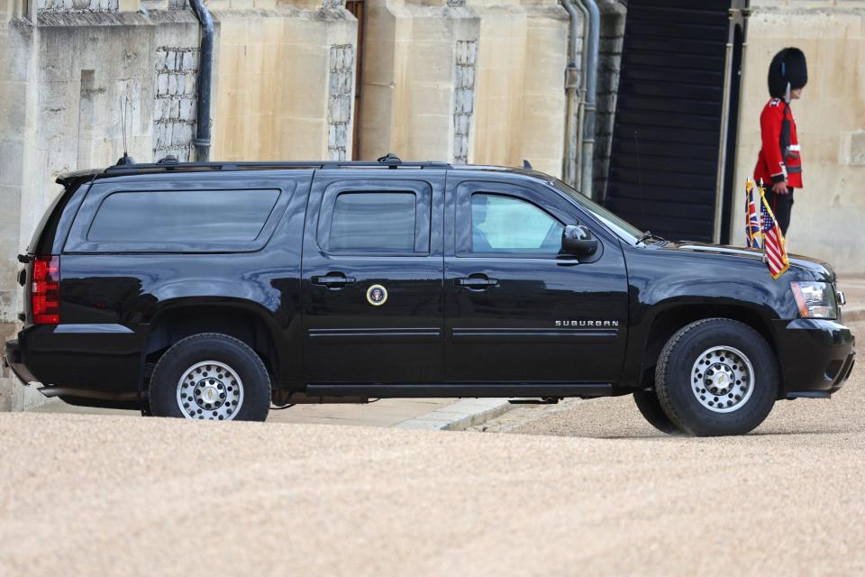 WINDSOR, ENGLAND - JULY 10: A general view of the Suburban belonging to the President of the United States, Joe Biden at the Sovereign's Entrance of Windsor Castle on July 10, 2023 in Windsor, England. The President is visiting the UK to further strengthen the close relationship between the two nations and to discuss climate issues with King Charles III. <em>Photo by Chris Jackson - WPA Pool/Getty Images</em>