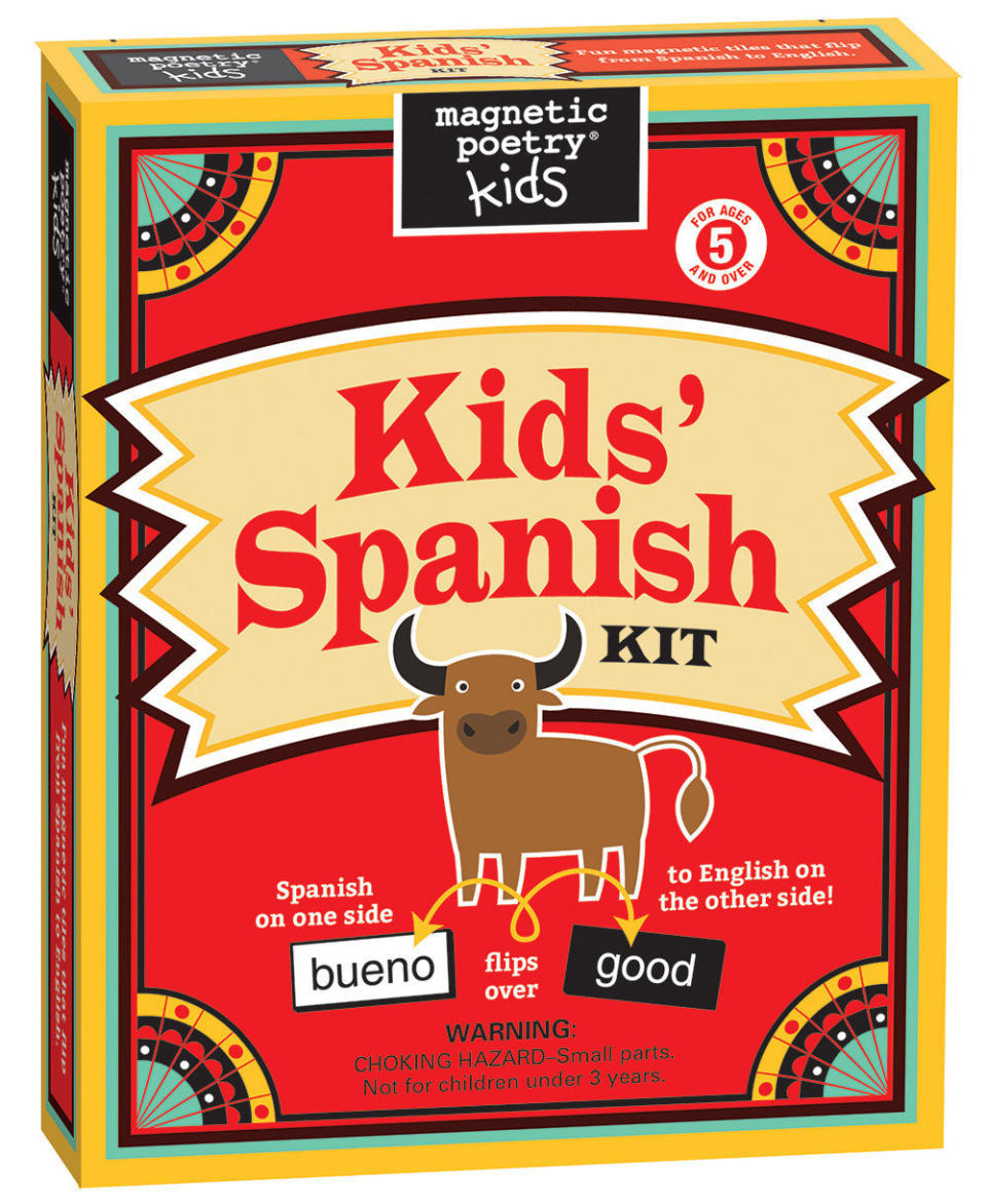 $18.95, Magnetic Poetry. <a href="https://www.amazon.com/Magnetic-Poetry-Kids-Spanish-Kit/dp/1890560871/ref=sr_1_3?ie=UTF8&amp;qid=1481049488&amp;sr=8-3&amp;keywords=kids+Spanish+english" target="_blank">Buy it here.<br /><br /></a>This kit comes with over 200 magnetic tiles, each with an English word on one side and its Spanish equivalent on the other. Get ready for some bilingual&nbsp;poetry from your 5 year old!