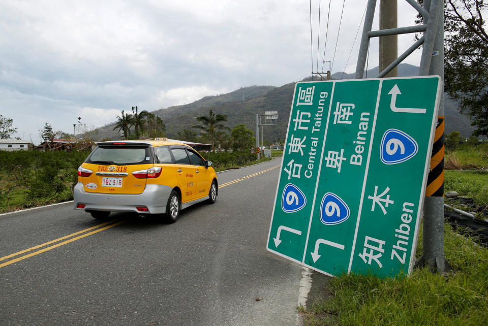 A fallen road sign from Typhoon Nepartak hit Taitung, Taiwan