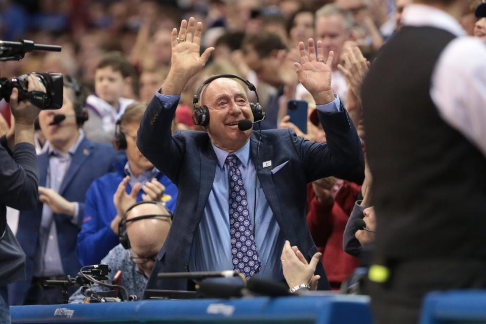 ESPN analysts Dick Vitale is recognized for his return to Allen Fieldhouse during Saturday's game against Indiana.