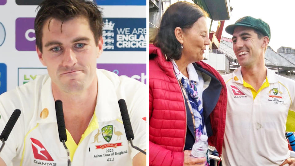 Pat Cummins during a press conference and Cummins with his mother Maria after the cricket.