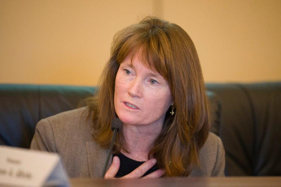 Sen. Kathleen Riebe, D-Cottonwood Heights, questions Rep. Jeffrey Stenquist, R-Draper, on his classroom neutrality proposal during a meeting of the Education Interim Committee in Salt Lake City on Wednesday, Nov. 15, 2023.