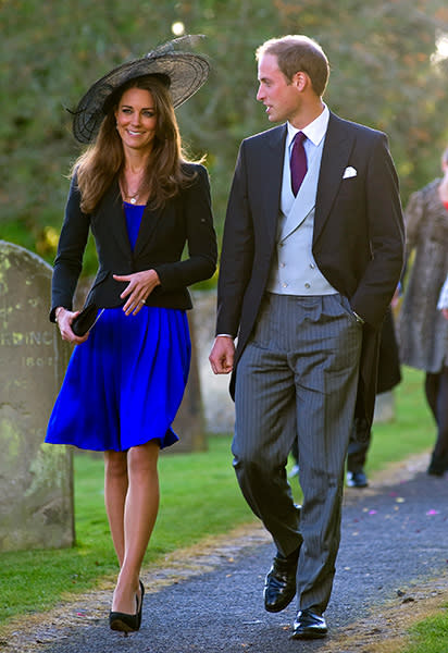 <div class="caption-credit">Photo by: Getty</div>Kate wore "something blue" to a friend's nuptials at St. Peter and St. Paul's church in Northleach, Gloucestershire in 2010. She paired a cobalt knee-length flowy frock by Issa with a fitted black blazer. Blue is Kate's color of choice—when V<a href="http://www.vogue.co.uk/news/2013/01/07/duchess-of-cambridge-style-study---vogue-february-issue" rel="nofollow noopener" target="_blank" data-ylk="slk:ogue UK analyzed 100 outfits;elm:context_link;itc:0;sec:content-canvas" class="link ">ogue UK analyzed 100 outfits</a> worn by Kate from April 2011 to now, they determined that she's worn the color 24 percent of the time she attends events. <br>