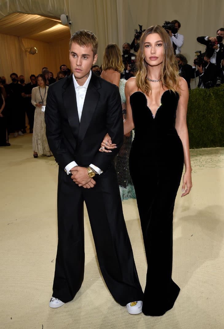 Justin Bieber and Hailey Baldwin attend The Metropolitan Museum of Art’s Costume Institute benefit gala celebrating the opening of the “In America: A Lexicon of Fashion” exhibition on Monday, Sept. 13, 2021, in New York. - Credit: AP