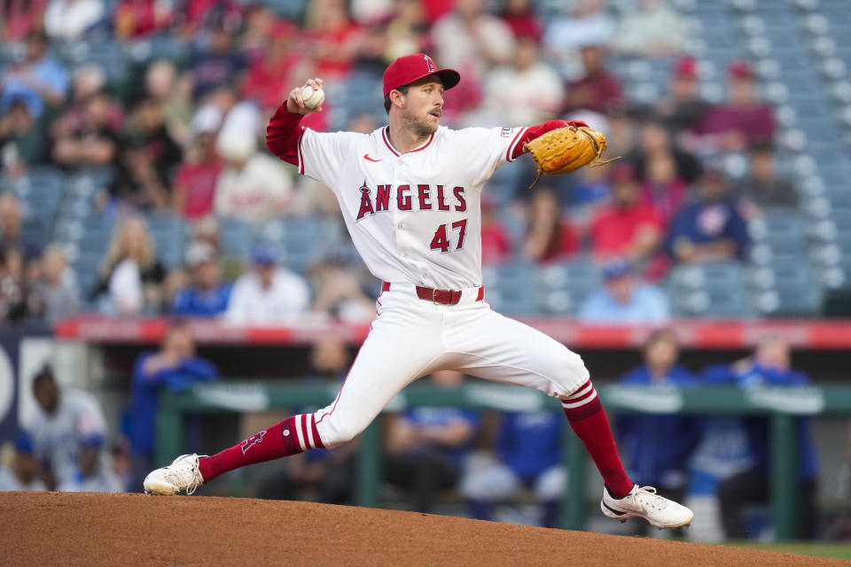 Los Angeles Angels starting pitcher Griffin Canning throws during the first inning of a baseball game against the Kansas City Royals in Anaheim, Calif., Friday, May 10, 2024. (AP Photo/Ashley Landis)