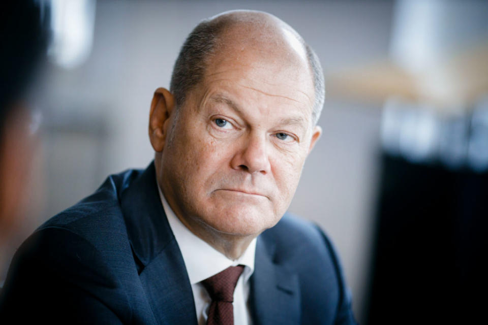 BERLIN, GERMANY - FEBRUARY 03: German Finance Minister Olaf Scholz gestures during an interview in his office on February 03, 2020 in Berlin, Germany. (Photo by Thomas Trutschel/Photothek via Getty Images)