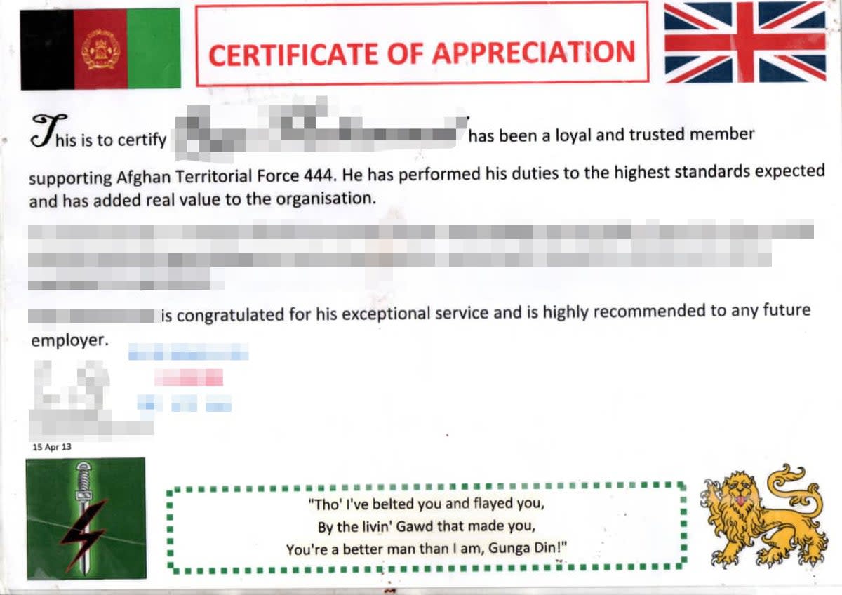 One certificate of appreciation quoted Rudyard Kipling’s poem ‘Gunga Din’ (Supplied)