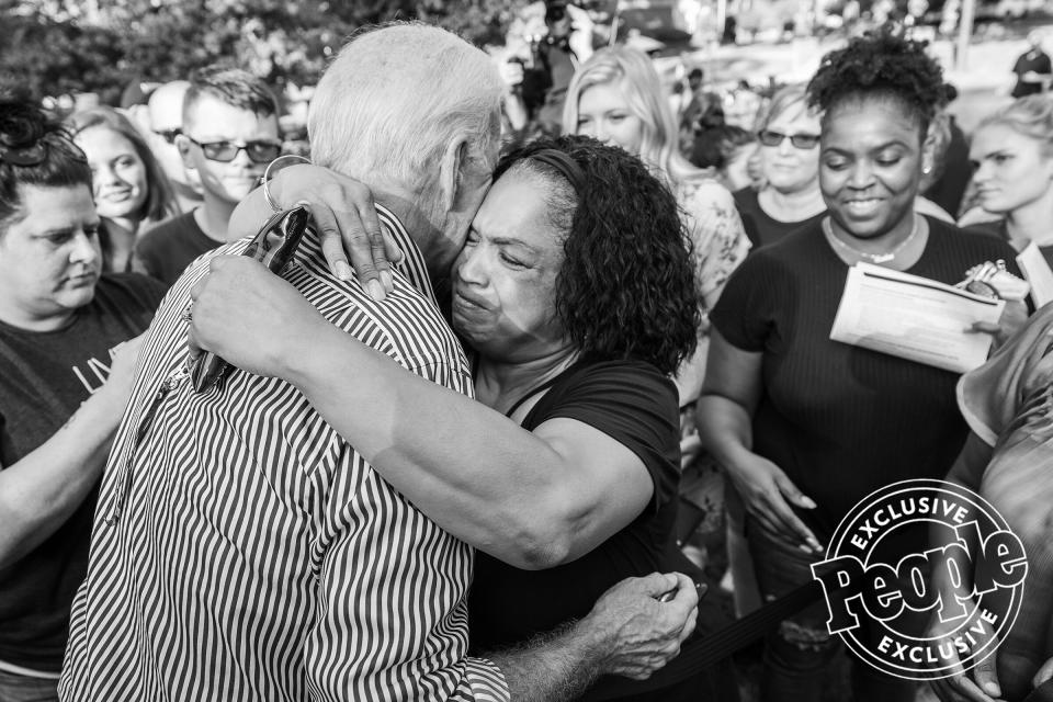 Biden hugs a supporter on a rope line after a town hall event at Limestone College, in Gaffney, South Carolina, on Aug. 28, 2019.