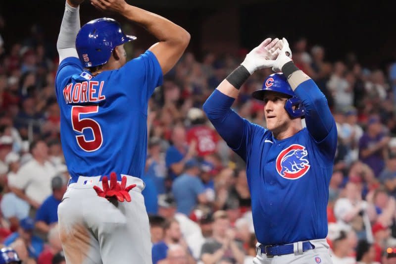 Chicago Cubs designated hitter Christopher Morel (L) tore off his jersey after rounding third base during a walk-off home run against the Chicago White Sox on Wednesday in Chicago. File Photo by Bill Greenblatt/UPI