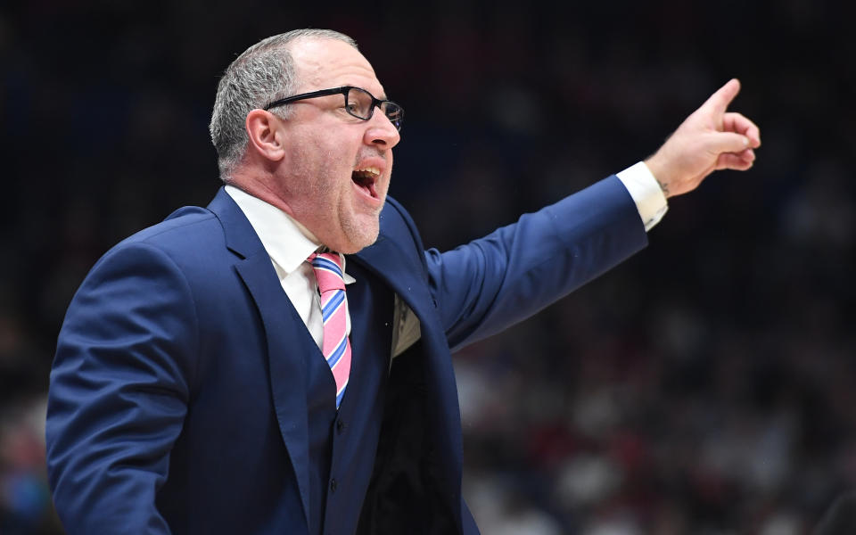 Mar 12, 2023; Nashville, TN; Texas A&M Aggies head coach Buzz Williams yells in a play from the sideline during the first half against the Alabama Crimson Tide at Bridgestone Arena. Christopher Hanewinckel-USA TODAY Sports