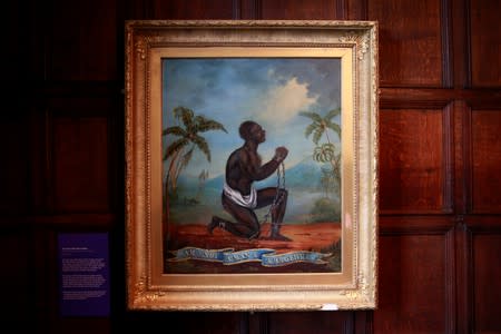 The unattributed oil painting titled 'Am I not a Man and a Brother' that was used in the 18th century as a symbol during the fight to abolish slavery is displayed at the Wilberforce House Museum in Hull