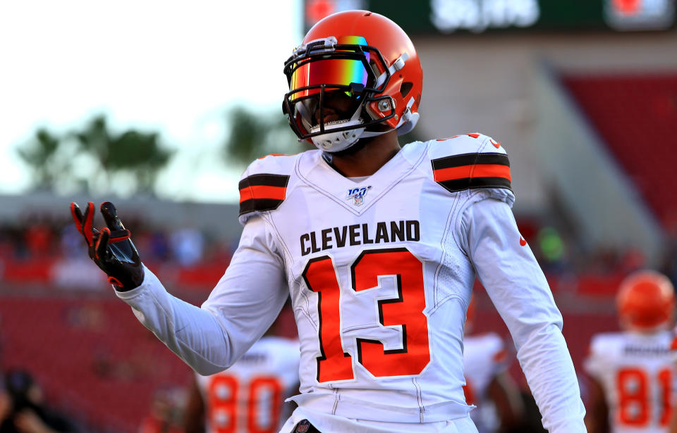 TAMPA, FLORIDA - AUGUST 23: Odell Beckham #13 of the Cleveland Browns warms up during a preseason game against the Tampa Bay Buccaneers at Raymond James Stadium on August 23, 2019 in Tampa, Florida. (Photo by Mike Ehrmann/Getty Images)