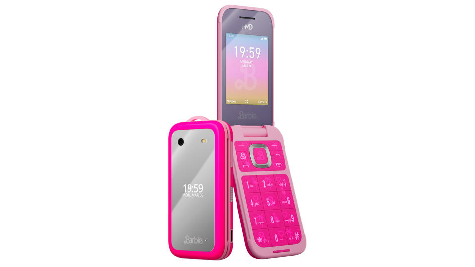 The Barbie flip phone: closed (left) leaning against opened (right).