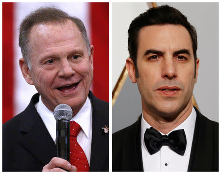 FILE PHOTO: Roy Moore (L) and Sacha Baron Cohen are seen in this combination photo in Midland City, Alabama, U.S., December 11, 2017 and in Hollywood, California February 28, 2016 respectively. REUTERS/Jonathan Bachman (L) REUTERS/Adrees Latif (R)