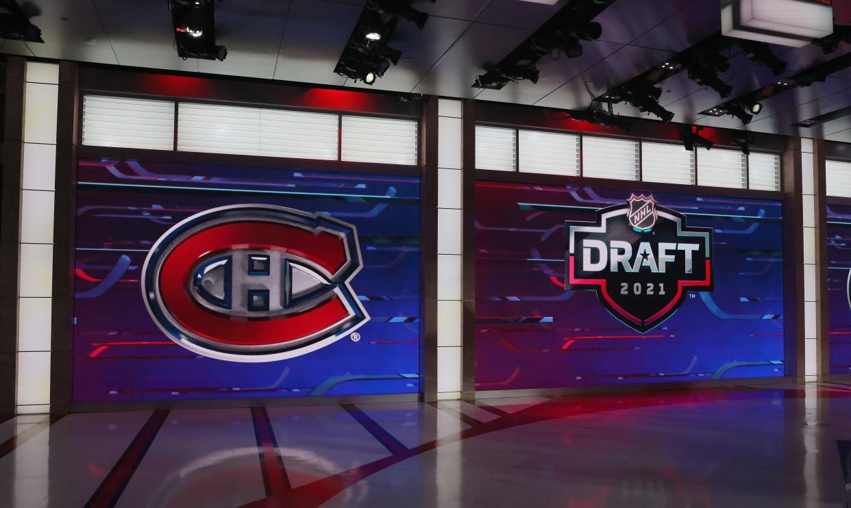 The Montreal Canadiens logo is shown at the NHL Network studios before they selected defenseman Logan Mailloux with the 31st pick in the draft.