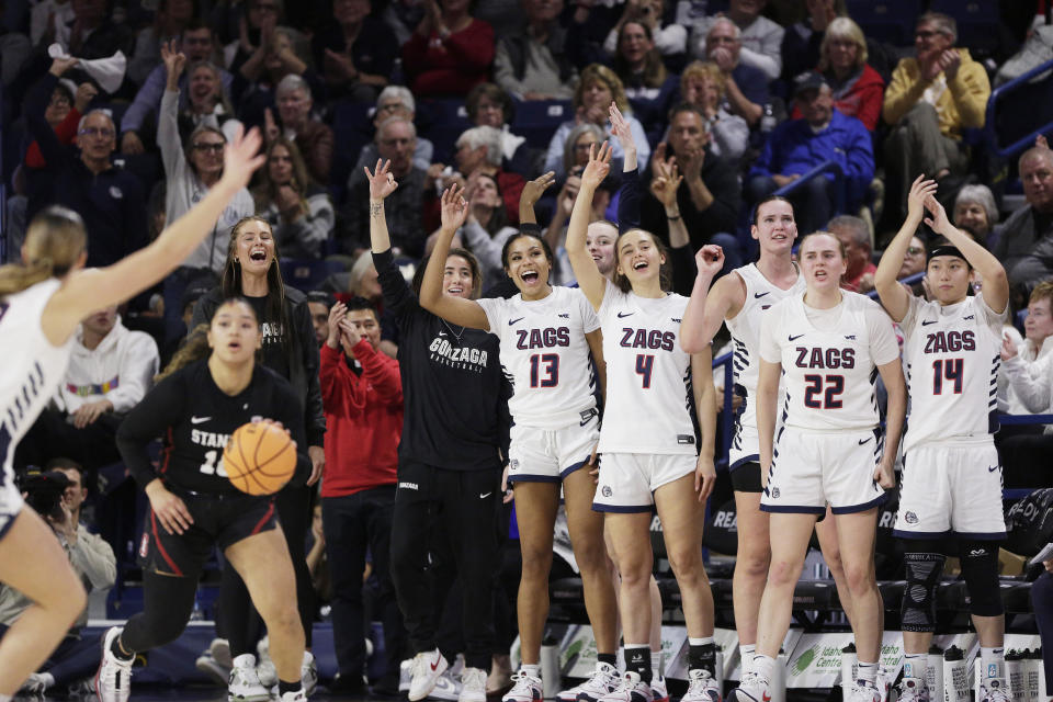 The Gonzaga bench celebrates during the second half of an NCAA college basketball game against Stanford, Sunday, Dec. 3, 2023, in Spokane, Wash.n(AP Photo/Young Kwak)