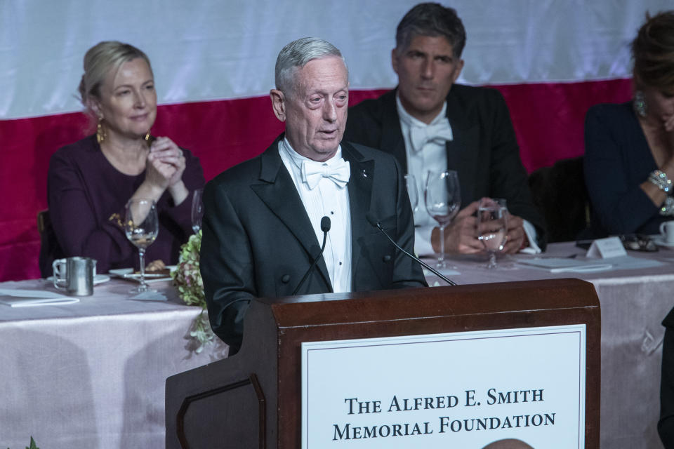 Former U.S. Secretary of Defense Jim Mattis, center, delivers the keynote address during the 74th Annual Alfred E. Smith Memorial Foundation Dinner, Thursday, Oct. 17, 2019, in New York. (AP Photo/Mary Altaffer)