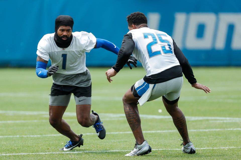 Detroit Lions cornerbacks Cameron Sutton (1) and Will Harris (25) practice during minicamp at Detroit Lions Headquarters and Training Facility in Allen Park on Tuesday, June 6, 2023.
