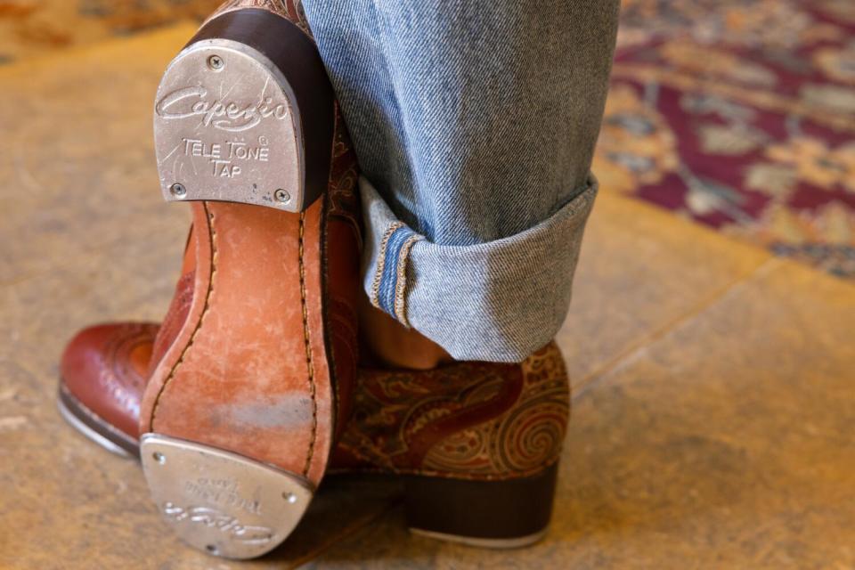 The bottom of tap dancer Melinda Sullivan's shoes.