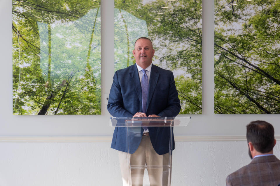 Kevin Carter, president of the Amarillo Economic Development Corporation speaks about the city's agreement with Albers Aerospace Wednesday  in downtown Amarillo.